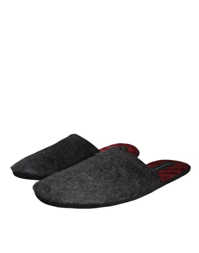 Dolce & Gabbana Black Faux Fur Slides Slippers Slip On Men's Shoes In Black