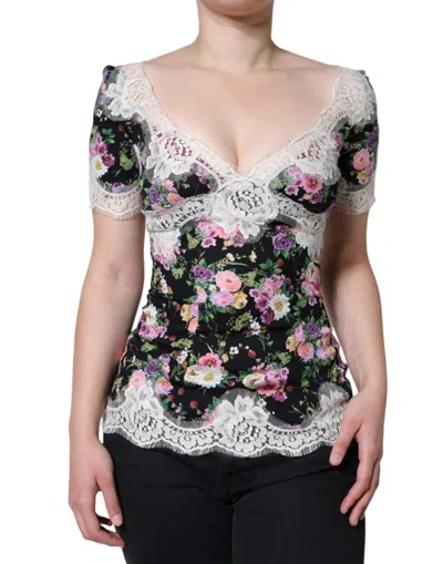 Dolce & Gabbana Black Floral Lace Short Sleeves Blouse Top In Black