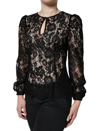 Dolce & Gabbana Black Floral Lace See Through Long Sleeve Top In Black
