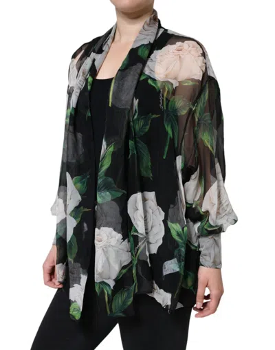 Pre-owned Dolce & Gabbana Black Floral Print Silk Cardigan Blouse Women's Top ()