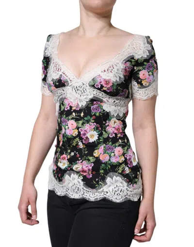 Dolce & Gabbana Black Floral Lace Short Sleeves Blouse Top In Black