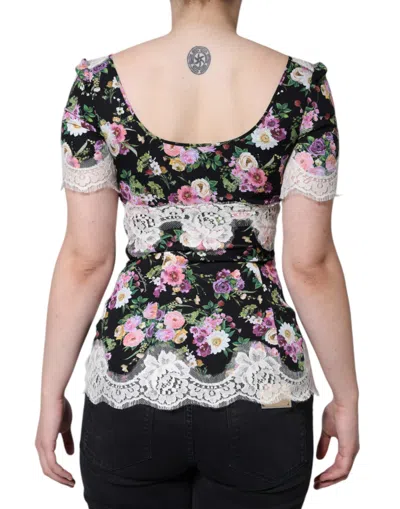 Dolce & Gabbana Black Floral Lace Short Sleeves Blouse Top In Black