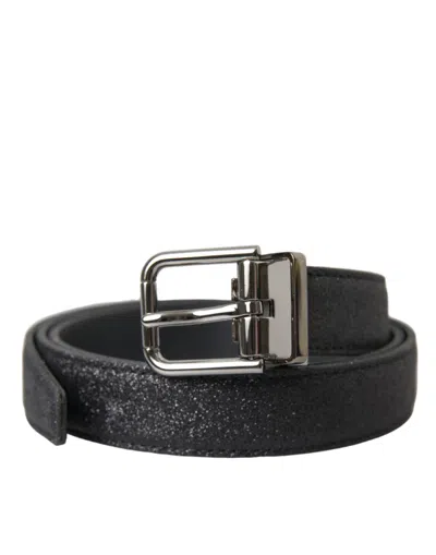 Dolce & Gabbana Black Glittered Leather Silver Buckle Belt In Black