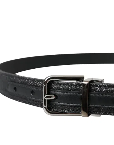 Dolce & Gabbana Black Glittered Leather Silver Buckle Belt In Black