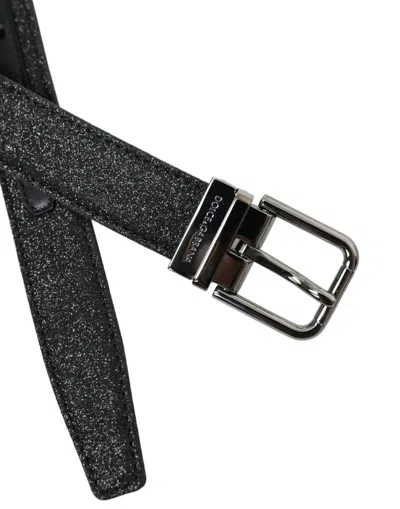 Dolce & Gabbana Black Glittered Leather Silver Buckle Belt In Black