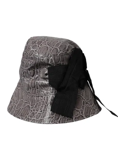 Dolce & Gabbana Black Gray Patterned Leather Bucket Hat In Black And Gray