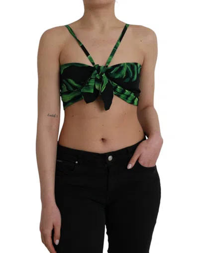 Dolce & Gabbana Black Green Leaf Silk Halter Cropped Top In Black