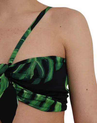 Dolce & Gabbana Black Green Leaf Silk Halter Cropped Top In Black