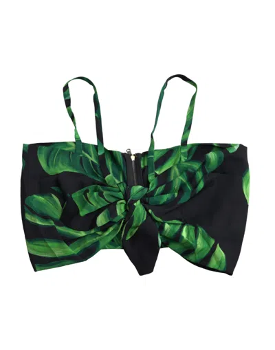 Dolce & Gabbana Black Green Leaf Silk Halter Cropped Top In Black