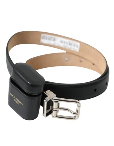 Dolce & Gabbana Black Leather Airpods Case Silver Buckle Belt In Black