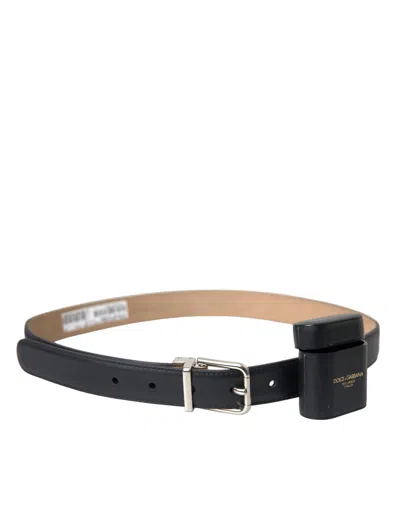 Dolce & Gabbana Black Leather Airpods Case Silver Buckle Belt In Black