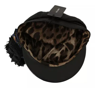Dolce & Gabbana Black Leather Crystal Beads Gold Ribbon Fiddler Cap In Black