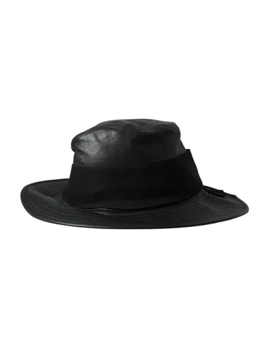 Dolce & Gabbana Black Leather Dg Coin Crystal Wide Brim Hat In Black