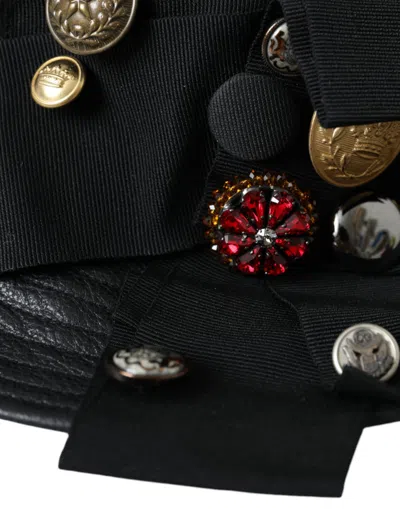Dolce & Gabbana Black Leather Dg Coin Crystal Wide Brim Hat In Black