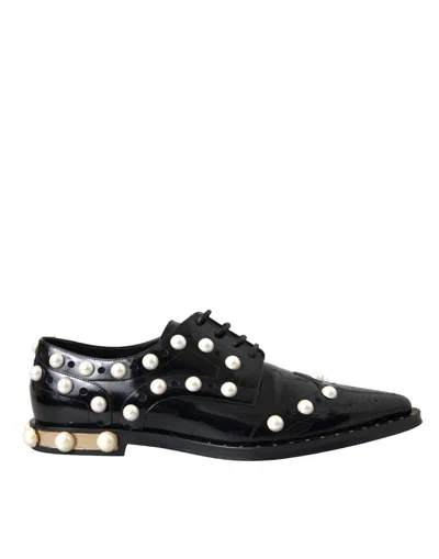 Pre-owned Dolce & Gabbana Black Leather Faux Pearl Dress Broque Women's Shoes ()