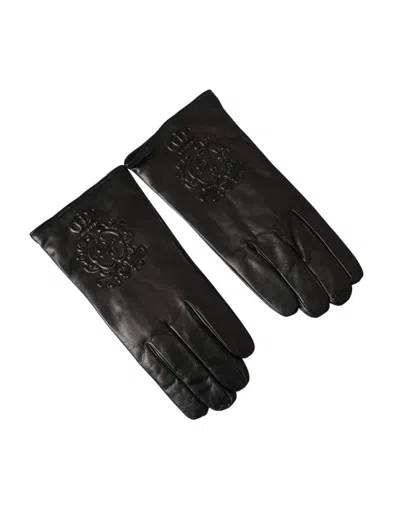 Dolce & Gabbana Black Leather Embossed Logo Short Hands Gloves In Black