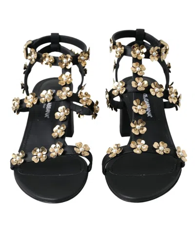 Dolce & Gabbana Black Leather Embellished Heel Sandal Shoes In Black