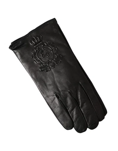 Dolce & Gabbana Black Leather Embossed Logo Short Hands Gloves In Black