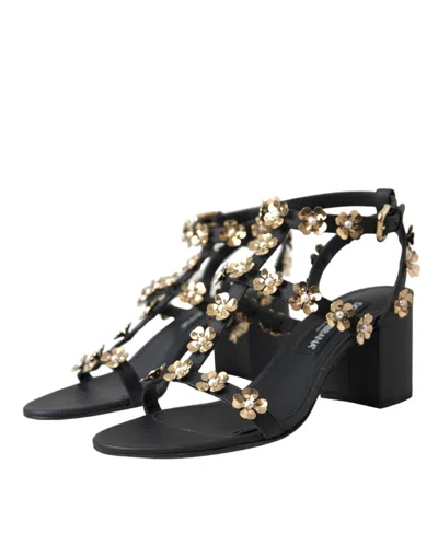 Dolce & Gabbana Black Leather Embellished Heel Sandal Shoes In Black