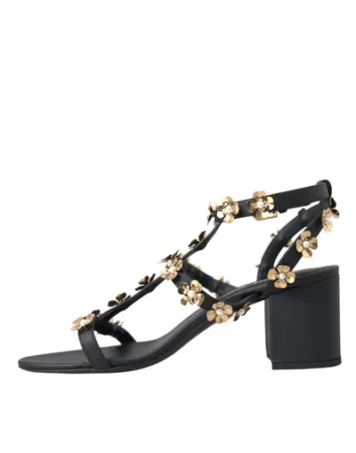 Dolce & Gabbana Black Leather Embellished Heel Sandal Shoes In Black