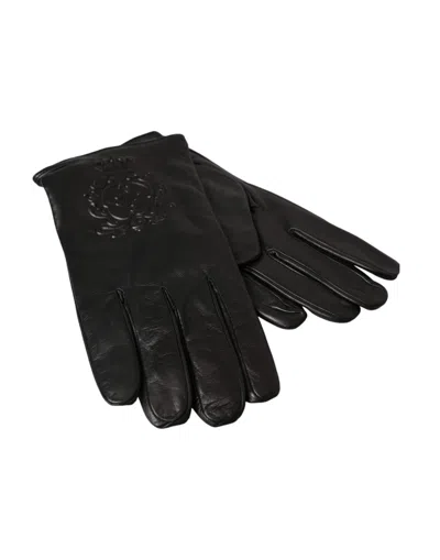 Dolce & Gabbana Black Leather Embossed Logo Short Hands Gloves In Black