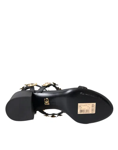 Dolce & Gabbana Black Leather Embellished Heel Sandal Shoes In Black