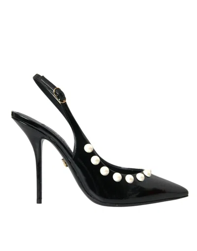 Dolce & Gabbana Black Leather Faux Pearl Heel Slingback Shoes In Black