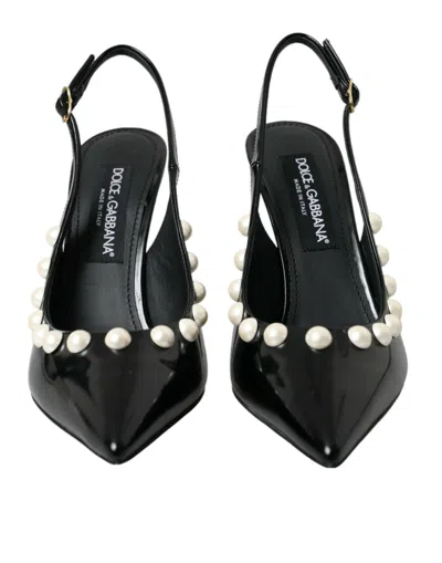 Dolce & Gabbana Black Leather Faux Pearl Heel Slingback Shoes In Black
