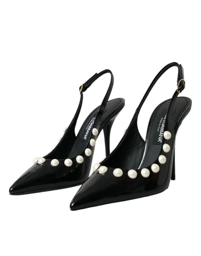 Dolce & Gabbana Black Leather Faux Pearl Heel Slingback Shoes In Black