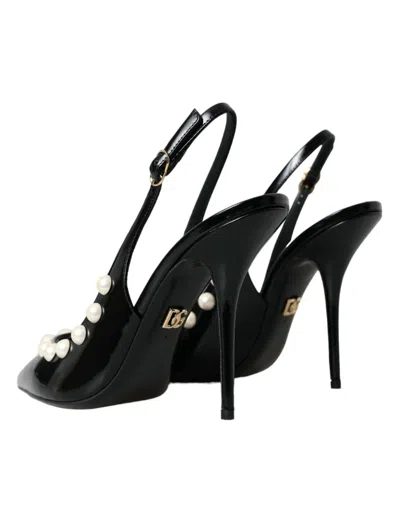 Dolce & Gabbana Black Leather Faux Pearl Heel Slingback Shoes In Black
