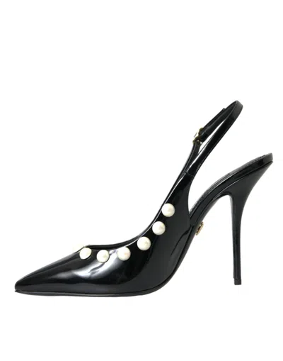 Dolce & Gabbana Black Leather Faux Pearl Heel Slingback Shoes In Black
