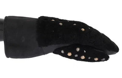 Dolce & Gabbana Black Leather Shearling Studded Gloves In Black