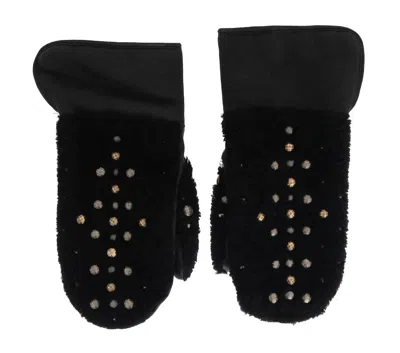 Dolce & Gabbana Black Leather Shearling Studded Gloves In Black
