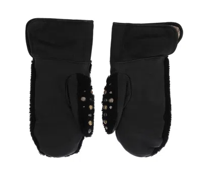 Dolce & Gabbana Black Leather Shearling Studded Gloves In Black