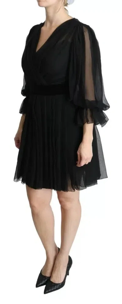 Pre-owned Dolce & Gabbana Black Mesh Pleated Mini Silk Blend Women's Dress ()