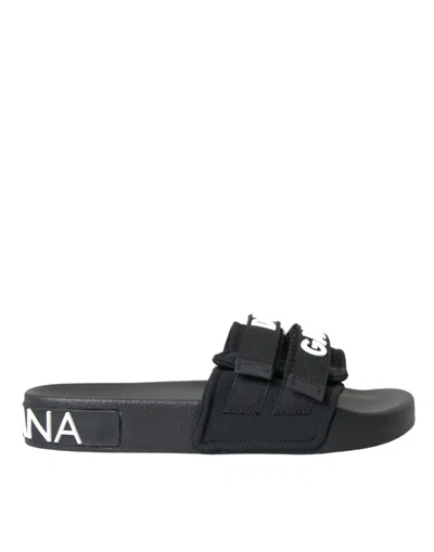 Dolce & Gabbana Black Neoprene Slides Flats Beachwear Shoes In Black And White