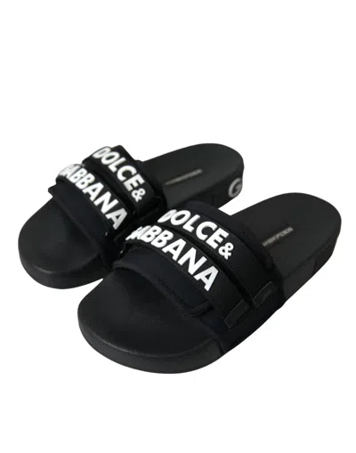 Dolce & Gabbana Black Neoprene Slides Flats Beachwear Shoes In Black And White
