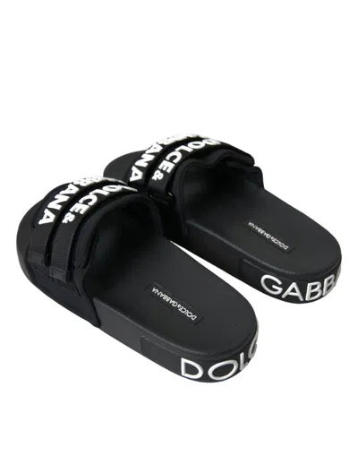 Dolce & Gabbana Black Neoprene Slides Flats Beachwear Shoes In Black And White