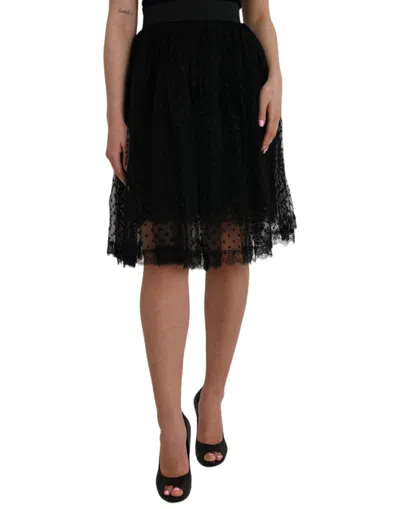 Dolce & Gabbana Black Nylon Lace Trim High Waist A-line Skirt In Black