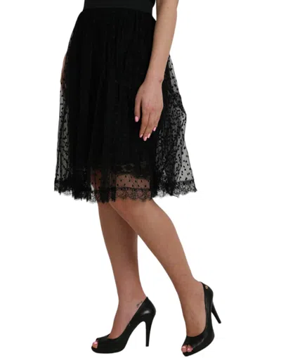 Dolce & Gabbana Black Nylon Lace Trim High Waist A-line Skirt In Black