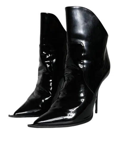 Pre-owned Dolce & Gabbana Black Patent Leather Pointed Ankle Boot Women's Shoes ()