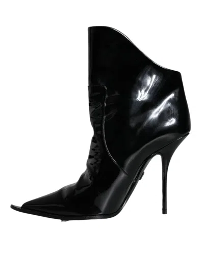 Pre-owned Dolce & Gabbana Black Patent Leather Pointed Ankle Boot Women's Shoes ()