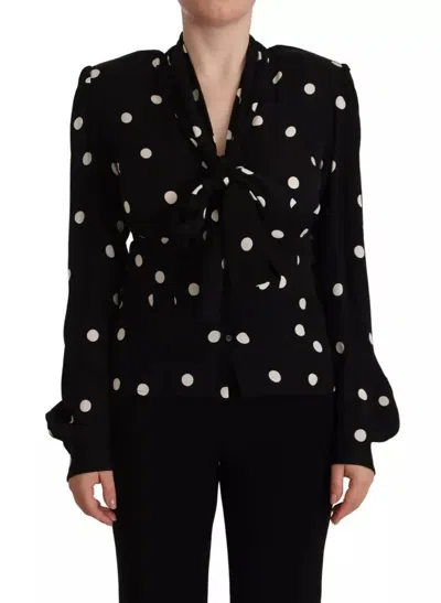 Pre-owned Dolce & Gabbana Black Polka Dots Silk Pussy Bow Long Sleeves Women's Top () In Black And White