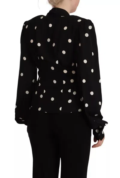 Pre-owned Dolce & Gabbana Black Polka Dots Silk Pussy Bow Long Sleeves Women's Top () In Black And White
