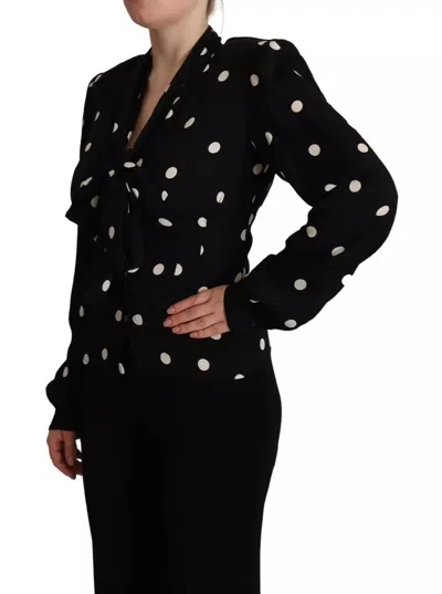 Pre-owned Dolce & Gabbana Black Polka Dots Silk Pussy Bow Long Sleeves Women's Top () In Black And White