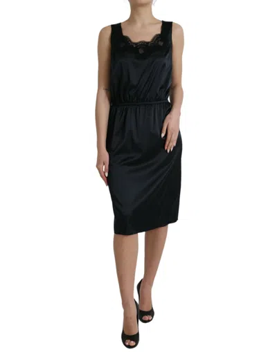 Dolce & Gabbana Black Polyester Lace Trim Sheath Midi Dress In Black