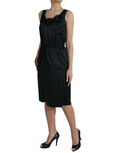 Dolce & Gabbana Black Polyester Lace Trim Sheath Midi Dress In Black