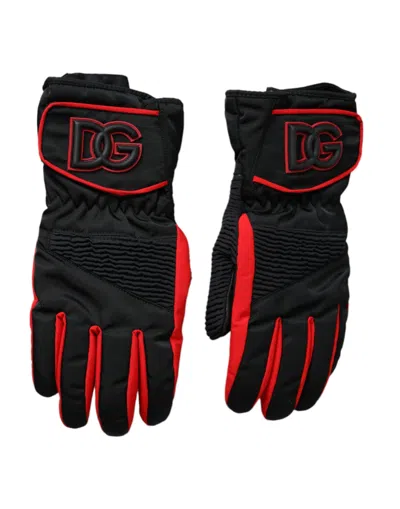 Dolce & Gabbana Black Red Nylon Wrist Length Gloves In Black And Red