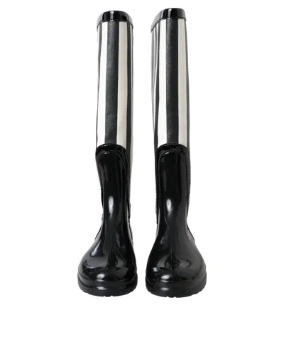Dolce & Gabbana Black Rubber Knee High Flat Boots Shoes In Black And White
