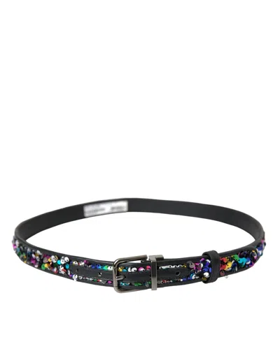 Dolce & Gabbana Black Sequined Silver Metal Buckle Women Belt In Black